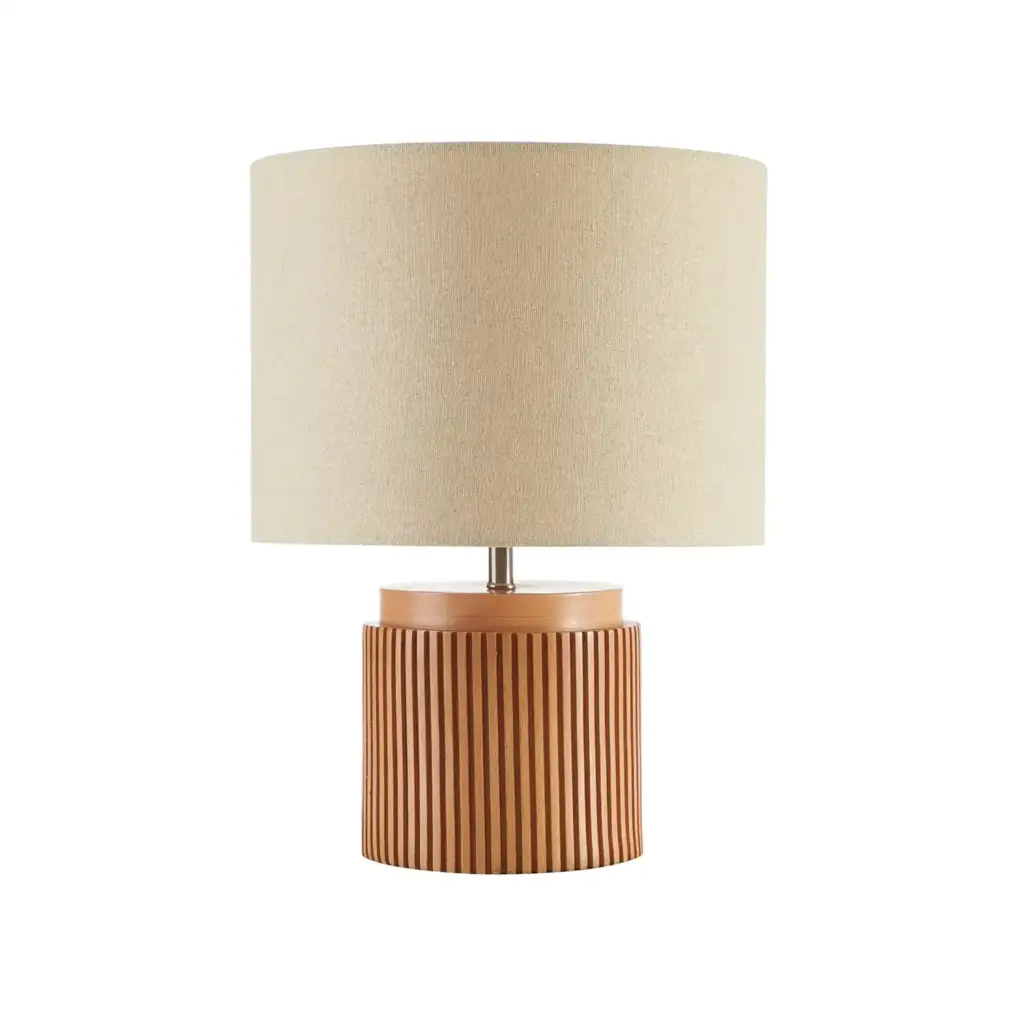 Beautiful 10.25_ x 10.25_ x 14_ Brown Faux Ribbed Wood Table Lamp by Drew Barrymore